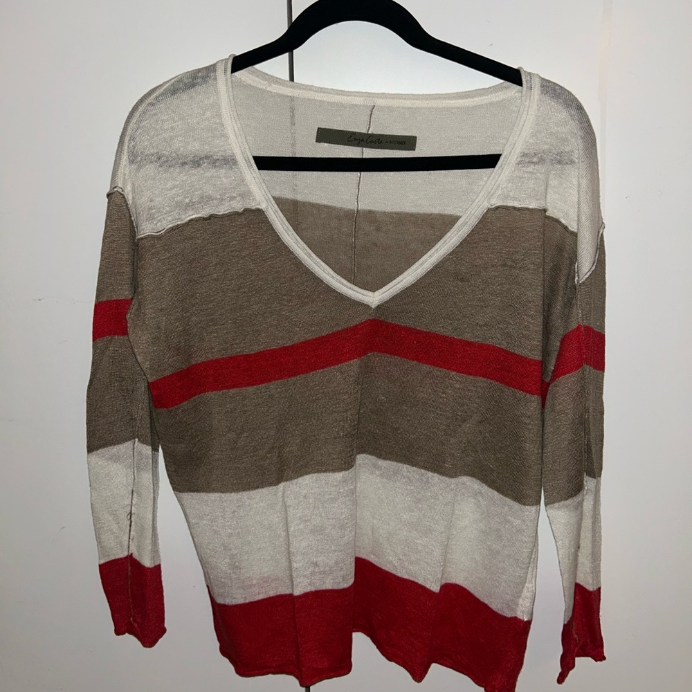 Enza Costa for Intermix Striped V-Neck Sweater - Red, Brown, and White